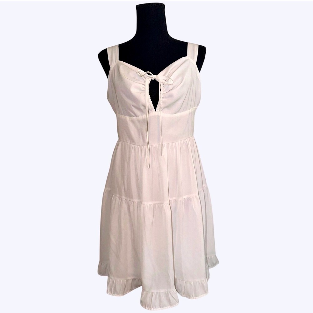 Cottagecore Fairycore Tiered Mini Dress Sz Large Bridal White Keyhole Tie Ruffle
